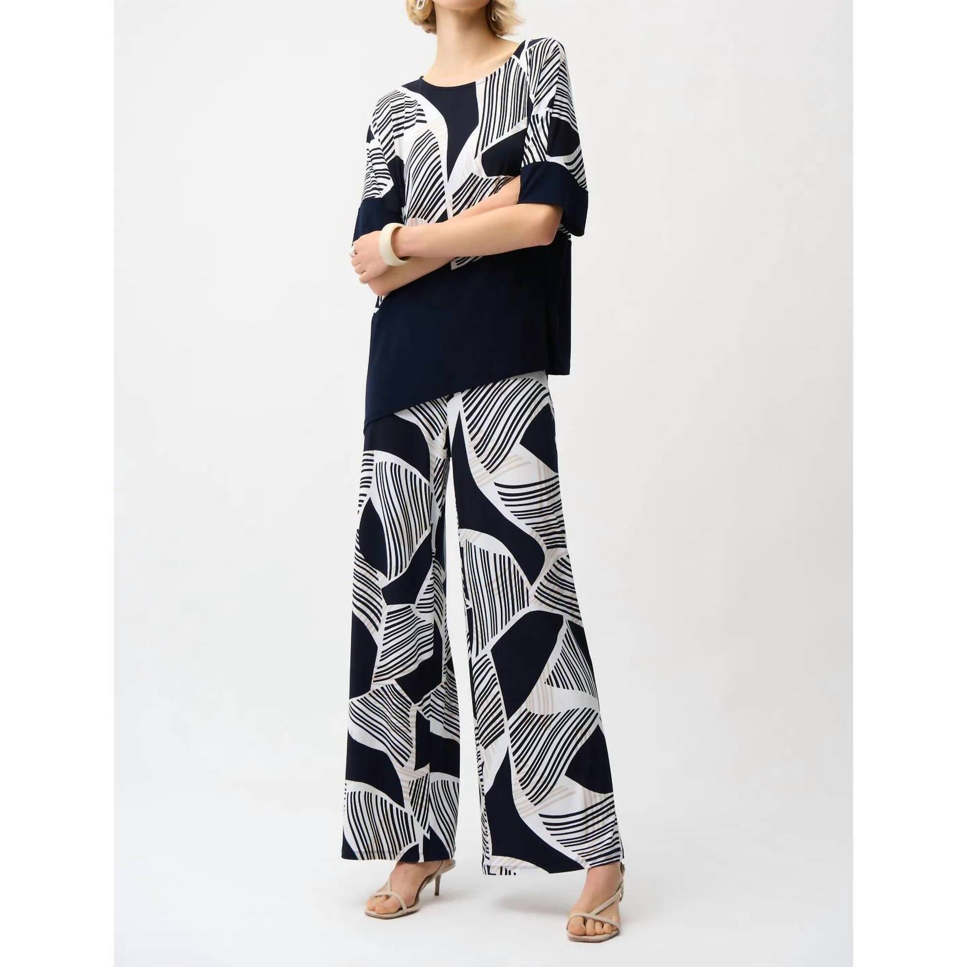 New Joseph Ribkoff Silky Knit Geometric Print Asymmetrical Cocoon Top In Vanilla